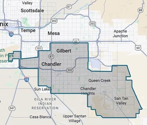 Map of Sunset Pool Care's East Valley service area, covering Chandler, Gilbert, Queen Creek, San Tan Valley, and Ahwatukee.